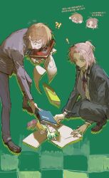 Rule 34 | !, !?, 2boys, ahoge, bent over, black pants, blazer, book, brown hair, chibi, chibi inset, collared shirt, glasses, green background, highres, holding, holding book, jacket, long sleeves, male focus, multiple boys, neck ribbon, open book, open clothes, open jacket, open mouth, original, pants, paper, pink hair, qyzhiaiyisheng, ribbon, school uniform, shirt, shoes, short hair, squatting, suit jacket, sweater, white shirt