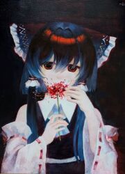 Rule 34 | 1girl, ascot, bare shoulders, black hair, bob cut, bow, commentary, dark, dark background, detached sleeves, expressionless, flower, frilled hair tubes, frills, hair bow, hair tubes, hakurei reimu, highres, holding, holding flower, long hair, long sidelocks, looking at viewer, muted color, oil painting (medium), painting (medium), red bow, red eyes, shirt, sidelocks, signature, solo, spider lily, touhou, traditional media, white shirt, yuuren kyouko