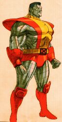 1boy belt bengus black_hair bodysuit boots capcom clenched_hands colossus_(x-men) game_cg highres male_focus marvel marvel_vs._capcom marvel_vs._capcom_2 metal_skin muscular muscular_male no_pupils non-web_source red_boots scan short_hair solo superhero_costume x-men