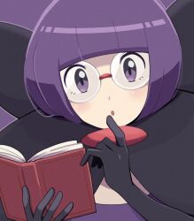 1girl :o black_gloves black_scarf blunt_bangs book glasses gloves hands_up highres holding holding_book looking_at_viewer nakikot_t nintendo open_mouth pokemon pokemon_bw purple_background purple_eyes purple_hair purple_shirt rimless_eyewear round_eyewear scarf shauntal_(pokemon) shirt short_hair simple_background solo