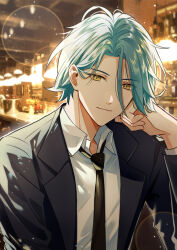 Rule 34 | 1boy, aguaaaaaa, bar (place), black jacket, black necktie, black suit, blue hair, chinese commentary, closed mouth, collared shirt, curtained hair, ensemble stars!, formal clothes, hair behind ear, hair between eyes, head rest, highres, himeru (ensemble stars!), indoors, jacket, lens flare, light particles, long bangs, long sleeves, looking at viewer, male focus, necktie, open clothes, open jacket, shirt, short hair, smile, solo, suit, suit jacket, upper body, white shirt, yellow eyes