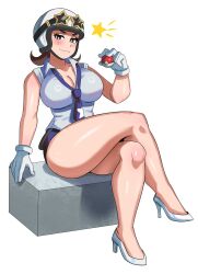 1girl bare_legs breasts brown_eyes brown_hair cleavage crossed_legs gloves helmet high_heels highres holding holding_poke_ball large_breasts looking_at_viewer necktie nintendo poke_ball pokemon pokemon_sv shorts sitting solo star_(symbol) sunglasses team_star team_star_grunt thick_eyebrows white_gloves ytrall