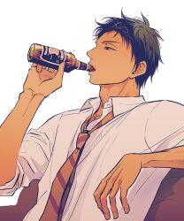 1boy a_jou adam&#039;s_apple aomine_daiki black_hair bottle collared_shirt commentary_request dark-skinned_male dark_skin drinking elbow_rest glass_bottle holding holding_bottle kuroko_no_basuke leaning leaning_back looking_ahead loose_necktie male_focus necktie shirt short_hair simple_background sitting sleeves_rolled_up solo white_background white_shirt wing_collar