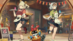 2girls absurdres anby_demara anby_demara_(operation_yum_2025) apron bangboo_(zenless_zone_zero) belt black_skirt blonde_hair burnice_white burnice_white_(operation_yum_2025) can chinese_commentary commentary_request crop_top food food_in_mouth french_fries green_shirt grey_hair high-waist_skirt highres holding holding_tray knee_pads licking_lips looking_at_viewer midriff miniskirt multiple_girls official_art one_eye_closed pizza pizza-la pizza_box red_shirt roller_shoes roller_skates shirt shoes short_hair short_sleeves single_knee_pad skates skirt smile thigh_belt thigh_strap third-party_source tongue tongue_out tray twintails visor_cap waitress white_apron white_headdress zenless_zone_zero