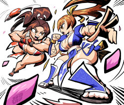 Rule 34 | 2girls, bare shoulders, breasts, brown eyes, brown hair, cleavage, crossover, dead or alive, digsaw, fatal fury, female focus, highres, kasumi (doa), large breasts, long hair, matching hair/eyes, multiple girls, ninja, pelvic curtain, ponytail, revealing clothes, shiranui mai, short sleeves, sleeveless, the king of fighters, thighhighs, trait connection, white background