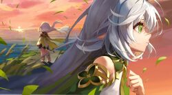 1girl absurdres bare_shoulders cape closed_mouth cloud commentary detached_sleeves dress floating_hair genshin_impact ginlear gold_trim green_cape green_eyes green_sleeves hair_between_eyes hand_up highres long_hair multiple_views nahida_(genshin_impact) outdoors sky sleeveless sleeveless_dress standing stirrup_legwear sunset symbol-shaped_pupils toeless_legwear white_hair wind