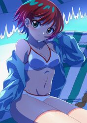Rule 34 | 1girl, absurdres, amate yuzuriha, aqua eyes, bikini, breasts, chair, commentary request, feet out of frame, gundam, gundam gquuuuuux, highres, looking at viewer, lounge chair, medium breasts, navel, p giraffa, red hair, shade, short hair, sitting, solo, swimsuit, white bikini