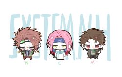 Rule 34 | 3boys, black jacket, black pants, blonde hair, blue headband, blue scarf, blush stickers, braid, brown hair, brown pants, chibi, chibi only, chinese commentary, closed eyes, closed mouth, coat, commentary request, curtained hair, enein rundall, english text, expressionless, glasses, goggles, goggles on head, green jacket, green scarf, grey sweater, harada minoru, headband, highres, holding, holding pen, jacket, jitome, long hair, long sleeves, male focus, multiple boys, open clothes, open jacket, orie rin, pants, parted bangs, pen, pink hair, pink trim, quad braids, rectangular eyewear, red eyes, ribbed sweater, saibou shinkyoku, sanshui-hana, scar, scar on face, scar on forehead, scarf, semi-rimless eyewear, shirt, side braid, single braid, smile, striped clothes, striped shirt, sweater, tsurime, v-shaped eyebrows, vertical-striped clothes, vertical-striped shirt, white coat, yellow eyes