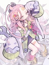1girl absurdres ahoge aino_(genshin_impact) bandaid bangs_pinned_back genshin_impact hair_ornament hairpin highres huge_ahoge jacket long_hair loose_socks messy_hair off-shoulder_jacket off_shoulder pink_hair poponnu screw screw_hair_ornament sleeves_past_fingers sleeves_past_wrists socks solo tears white_jacket