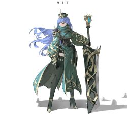 1girl absurdres arm_at_side arowana2111 belt black_shoes black_thighhighs blue_hair blunt_bangs breasts brown_belt closed_mouth commentary dress english_commentary floating_hair full_body green_dress green_hat hat high_heels highres holding holding_knife huge_weapon knife long_sleeves looking_ahead medium_breasts original outstretched_arm serious shadow shoes shorts_under_dress shoulder_belt side_slit sleeves_past_wrists solo standing thighhighs underbust weapon white_background