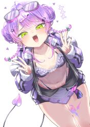 1girl absurdres babydoll bent_over black_bra black_nails black_panties blush bra braid breasts demon_tail double_bun eyewear_on_head green_eyes hair_bun hair_ornament hairclip heart heart-shaped_pupils highres hololive jacket leg_tattoo long_hair long_sleeves looking_at_viewer mesugaki nail_polish navel open_clothes open_jacket open_mouth panties pink_hair purple_hair see-through_clothes simple_background small_breasts smile solo swimsuit syam_illust symbol-shaped_pupils tail tattoo tokoyami_towa twin_braids underwear virtual_youtuber white_background