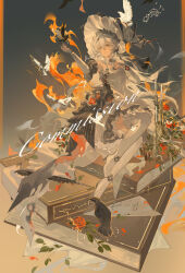 1girl absurdres bare_shoulders bird black_bow black_flower black_ribbon black_sleeves book book_stack boots bow bridal_gauntlets brooch candle candlestand collar commentary_request commission detached_sleeves dress dress_flower expressionless eyelashes fire flower flower_brooch frilled_collar frilled_dress frilled_footwear frilled_headwear frilled_sleeves frills full_body gradient_background grey_background grey_eyes grey_hair grey_hat hair_between_eyes hair_bow hat hat_ribbon high_heel_boots high_heels highres leaf lin_qing_(phosphorus_1104) long_hair looking_at_animal on_book orange_background original outstretched_hand parted_lips petals pillarboxed pleated_dress red_flower red_rose ribbon rose rose_petals scar scar_across_eye scar_on_face short_sleeves sitting sitting_on_books solo strapless strapless_dress striped_bow thigh_boots very_long_hair waist_bow watermark white_bird white_boots white_bridal_gauntlets white_collar white_dress wide_brim witch witch_hat wrist_flower