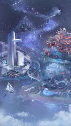 Rule 34 | architecture, artist request, bird, boat, bridge, building, castle, cloud, east asian architecture, game cg, highres, island, lake, light particles, miracle nikki, night, night sky, nikki (series), no humans, ocean, official art, road, sailboat, scenery, simple bird, sky, skyscraper, star (sky), starry sky, third-party source, tree, watercraft