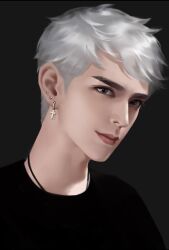 1boy asian black_eyes black_shirt character_request closed_mouth copyright_request cross cross_earrings ear_piercing earrings grey_background happy jewelry looking_at_viewer male_focus messy_hair multiple_earrings piercing pink_lips realistic shirt short_hair simple_background smile solo stud_earrings thick_eyebrows thick_lips upper_body white_hair ye_dian_pikaqiu