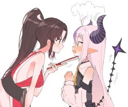 2girls age_difference blush breasts brown_hair closed_mouth commentary demon_girl demon_horns ear_blush eye_contact fatal_fury folding_fan grey_hair hand_fan highres holding holding_fan hololive horns la+_darknesss la+_darknesss_(1st_costume) large_breasts long_hair looking_at_another multiple_girls onee-loli open_mouth purple_hair purple_horns shiranui_mai small_breasts snk striped_horns symbol-only_commentary tail the_king_of_fighters very_long_hair virtual_youtuber yuri zaki_m916