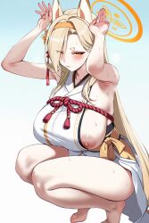 1girl absurdres animal_ears areola_slip arms_up ateoyh barefoot blonde_hair blue_archive blush breasts hair_over_one_eye hairband halo highres huge_breasts japanese_clothes kaho_(blue_archive) long_hair looking_at_viewer mole mole_under_mouth nipple_slip nipples orange_eyes orange_hairband orange_halo simple_background solo squatting thighs variant_set