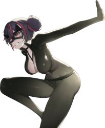 1girl black_bodysuit bodysuit breasts catsuit center_opening cleavage curvy domino_mask double-parted_bangs double_bun eye_mask gloves goddess_of_victory:_nikke grin hair_between_eyes hair_bun high_heels highres jewelry jumping large_breasts looking_ahead mask mask_on_head multicolored_hair naughty_face navel official_alternate_costume official_art open_bodysuit open_clothes outstretched_arms pendant purple_hair quency_(escape_queen)_(nikke) quency_(nikke) red_eyes revealing_clothes shiny_clothes shiny_skin skin_tight smile solo stomach streaked_hair sweat thighs transparent_background two-tone_hair unzipped wide_hips