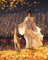 1girl animal architecture autumn autumn_leaves black_hair choker closed_mouth commentary deer dress earrings east_asian_architecture english_commentary falling_leaves fawn floating_earring full_body hair_bun highres jewelry lantern leaf lipstick long_dress long_hair long_sleeves looking_at_animal looking_to_the_side makeup necklace original outdoors paper_lantern rooftop sam_yang smile solo standing white_choker white_dress wide_sleeves