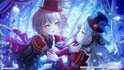 2girls bang_dream! bang_dream!_it&#039;s_mygo!!!!! black_hat blue_hair brown_eyes commentary_request dress falling_petals grey_hair hat highres indoors long_hair long_sleeves multiple_girls nail_polish official_art open_mouth petals red_dress red_hat red_nails short_hair takamatsu_tomori togawa_sakiko yellow_eyes yuri