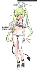 Rule 34 | 1girl, bare shoulders, bikini, black bikini, blue archive, blush, dated, demon tail, frilled bikini, frills, full body, green hair, halo, hand on own hip, heart, itinana, long hair, looking at viewer, navel, nozomi (blue archive), open mouth, pointy ears, simple background, smile, solo, standing, stomach, swimsuit, tail, twintails, twitter username, white background, yellow eyes