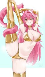 1girl absurdres animal_ears arm_up bikini blue_background blush breasts choker closed_mouth collarbone commentary elbow_gloves english_commentary eyeshadow gloves goggles goggles_on_head hair_intakes highres hololive hololive_english large_breasts leg_up long_hair looking_at_viewer makeup multicolored_hair navel panther_ears panther_girl panther_tail pink_eyeshadow pink_hair raora_panthera signature smile solo soup_(soupysoull) split standing standing_on_one_leg standing_split stomach streaked_hair swimsuit tail thighhighs thighs two-tone_hair virtual_youtuber white_background white_hair yellow_bikini yellow_choker yellow_eyes yellow_gloves yellow_thighhighs