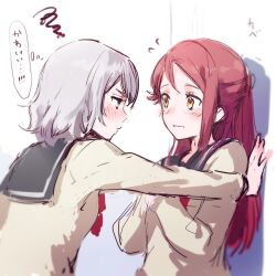 2girls against_wall anna_039 blush grey_hair long_hair love_live! love_live!_sunshine!! multiple_girls red_hair sakurauchi_riko simple_background speech_bubble thought_bubble watanabe_you white_background yuri