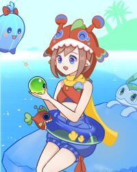 1girl brown_hair fish fish_hat formal_clothes highres lele_(roco_kingdom:world) navel ningmengshui_chaohaohe ocean open_mouth palm_tree pointy_ears roco_kingdom roco_kingdom:world scarf short_hair sitting smile suit swim_ring tree water