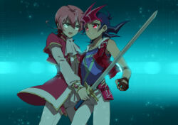 2boys ascot belt_pouch blue_background blue_shirt brown_gloves crying crying_with_eyes_open elbow_pads facing_another fingerless_gloves gloves green_eyes hand_around_waist hand_on_another&#039;s_waist holding holding_sword holding_weapon hood hooded_vest hoodie iii_(yu-gi-oh!) liusang looking_ahead looking_to_the_side male_focus multiple_boys open_clothes open_mouth open_vest pants pink_hair pouch protecting red_eyes red_tunic shirt shouting single_elbow_pad sleeveless sleeveless_shirt spiked_hair streaming_tears sword tearing_up tears trap tsukumo_yuma tunic vest victorian weapon white_ascot white_hood white_pants white_shirt yu-gi-oh! yu-gi-oh!_zexal