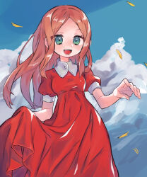 1girl animification brown_hair cloud dress hair_between_eyes highres hinawa long_hair looking_at_viewer mi_(33tb) mother_(series) mother_3 nintendo open_mouth petals red_dress sky smile tagme