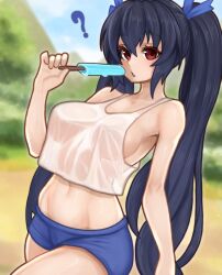 1girl ? bare_shoulders black_hair blue_shorts blurry blurry_background breasts cowboy_shot food highres holding holding_food holding_popsicle large_breasts neptune_(series) nerosynt noire_(neptunia) popsicle red_eyes see-through_clothes see-through_shirt shirt shorts sideboob solo twintails white_shirt