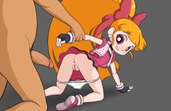 1boy 1girl akatsutsumi_momoko all_fours anus arm_grab arm_held_back ass big_hair blossom_(ppg) bow bright_pupils colorized cropped_jacket dress earrings eco19 fingerless_gloves gloves grey_background grin hetero jewelry jupiter_orange loli looking_back orange_hair panties panty_pull penis pink_bow pink_dress pink_eyes ponytail powerpuff_girls_z pussy shoes simple_background smile uncensored underwear white_panties white_pupils