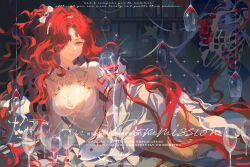 1girl alcohol beads breasts cleavage closed_mouth cup dress drinking_glass english_text gem hair_over_one_eye holding jellyfish jewelry jingmaifu long_hair looking_at_viewer lying necklace on_side original pearl_(gemstone) pearl_necklace purple_eyes red_hair skeleton solo very_long_hair wavy_hair white_dress wine wine_glass