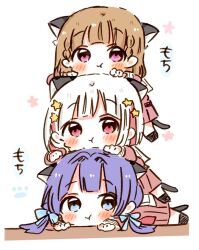 3girls :t animal_ears black_socks blue_eyes blue_hair blue_ribbon blush bob_cut braid brown_dress brown_hair cat_ears cat_tail center-flap_bangs chibi chibi_only closed_mouth colored_inner_hair commentary_request diagonal_bangs dollchestra dress flower_symbol hair_ornament hair_ribbon hasu_no_sora_school_uniform highres human_tower inverted_bob kachimachi_kosuzu kemonomimi_mode link!_like!_love_live! long_hair long_sleeves looking_at_viewer love_live! low_twintails medium_dress momo_nosabu multicolored_hair multiple_girls murano_sayaka pink_eyes pleated_dress red_eyes red_hair ribbon sailor_collar sailor_dress school_uniform short_hair side_braids simple_background smile socks stacking star_(symbol) star_hair_ornament straight_hair streaked_hair tail translation_request twintails virtual_youtuber white_background white_hair white_sailor_collar winter_uniform yugiri_tsuzuri
