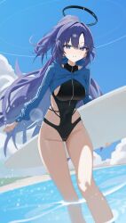 1girl absurdres alternate_costume black_halo black_one-piece_swimsuit blue_archive covered_navel halo highres holding mechanical_halo one-piece_swimsuit purple_eyes purple_hair renn_01 solo surfboard swimsuit yuuka_(blue_archive)