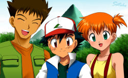 1girl 2boys ash_ketchum black_hair brock_(pokemon) brown_eyes brown_hair child closed_eyes green_eyes hat jacket laura_jimenez misty_(pokemon) mountain multiple_boys nintendo orange_hair pokemon pokemon_(anime) pokemon_(classic_anime) short_hair side_ponytail tree vest