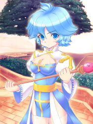 1girl arch_bishop_(ragnarok_online) blue_dress blue_eyes blue_hair blush breasts brick_floor brick_wall bush castle cleavage cleavage_cutout closed_mouth clothing_cutout commentary_request cowboy_shot cross day dress highres holding holding_staff juliet_sleeves long_sleeves looking_at_viewer medium_breasts outdoors pelvic_curtain puffy_sleeves ragnarok_online sash short_hair sky smile solo staff thighhighs tree two-tone_dress v-shaped_eyebrows white_dress white_sky white_thighhighs yellow_sash yutapon_(kiss_that_flog)
