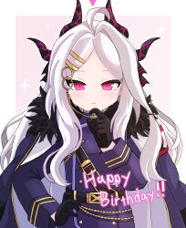 Rule 34 | 1girl, absurdres, armband, black coat, black gloves, black halo, black skirt, blue archive, blush, breasts, coat, coat on shoulders, demon girl, demon horns, denoukuraimakku, gloves, halo, happy birthday, highres, hina (blue archive), horns, looking at viewer, purple eyes, red armband, skirt, small breasts, solo, sparkle