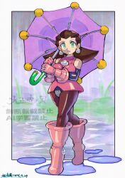 1girl boots breasts brown_hair capcom crotch_plate dress gloves green_eyes highres large_breasts mega_man_(series) mega_man_legends_(series) pantyhose taishouteikoku1 tron_bonne_(mega_man) umbrella
