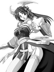 1girl arch_bishop_(ragnarok_online) bow breasts cleavage commentary_request cowboy_shot cross dress fake_wings feathered_wings fishnet_thighhighs fishnets frilled_thighhighs frills garter_straps greyscale hair_bow head_wings juliet_sleeves long_hair long_sleeves looking_at_viewer medium_breasts monochrome open_mouth panties puffy_sleeves ragfes ragnarok_online sash shrug_(clothing) simple_background smile solo strapless strapless_dress tatsumi_ray thighhighs underwear variant_set wings