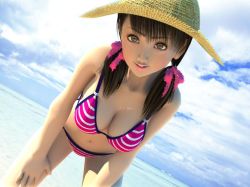 1girl 3d beach bikini brown_eyes brown_hair cloud day female_focus flear hair_ribbon hat incise_soul m-rs ocean outdoors pink_bikini ribbon sky solo striped_bikini striped_clothes swimsuit
