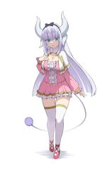 1girl aged_up alternate_breast_size ballet_slippers blue_eyes bow_hairband breasts capelet cleavage commentary_request dragon_girl dragon_horns dragon_tail dress grey_hair hairband highres horns kanna_kamui kobayashi-san_chi_no_maidragon kuro_emimi large_breasts multiple_horns pink_dress sidelocks simple_background solo tail thighhighs white_background white_capelet white_horns white_thighhighs