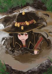 absurdres bird cape chicken clumsy dirt dirty dirty_clothes dress from_above hat highres kono_subarashii_sekai_ni_shukufuku_wo! koukouya looking_at_viewer lying megumin mud on_ground puddle red_dress red_eyes short_hair_with_long_locks sinking wet_and_messy wetland witch_hat