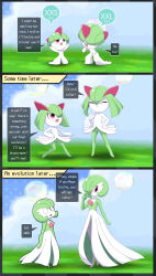 absurdres bob_cut bowl_cut closed_eyes colored_skin dress gardevoir gen_3_pokemon green_hair green_skin gregarlink10 hair_over_one_eye height_difference highres horns kirlia multicolored_skin nintendo pink_eyes pokemon pokemon_(creature) ralts sidelocks smile speech_bubble two-tone_skin white_dress white_skin