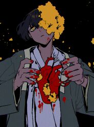 1boy black_hair blood blood_on_clothes blood_on_face blood_on_hands coat e.g.o_(project_moon) flower flower_over_eye grey_coat hair_flower hair_ornament hanbok hands_up heart_(organ) highres limbus_company long_sleeves project_moon solo spicebush_(e.g.o) technology_liberation_alliance_(identity)_(project_moon) upper_body white_hanbok wide_sleeves yellow_eyes yellow_flower yi_sang_(project_moon) yongsadragon