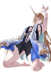 1girl absurdres armpits arms_up black_dress blonde_hair blue_eyes blue_hair braid breasts closed_mouth colored_inner_hair commentary_request dress fleurdelys_(wuthering_waves) full_body highres horns huge_breasts kneeling long_hair long_horns looking_at_viewer multicolored_hair pointy_ears simple_background single_braid solo tacet_mark_(wuthering_waves) tank_top thighs very_long_hair white_background white_tank_top wuthering_waves yellow_horns z531525600
