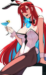 1girl absurdres ahoge animal_ear_hairband animal_ears bare_shoulders blue_fire blue_hair bow bowtie breasts cleavage cocktail_glass colored_inner_hair covered_navel cup detached_collar drinking_glass elizabeth_rose_bloodflame fake_animal_ears fake_tail fire fire_on_chest food fruit hairband highleg highleg_leotard highres holding hololive hololive_english huge_ahoge icetia large_breasts leotard lime_(fruit) lime_slice long_hair looking_at_viewer martini multicolored_hair multicolored_leotard pantyhose playboy_bunny rabbit_ear_hairband rabbit_ears rabbit_tail red_eyes red_hair simple_background sitting smile solo strapless strapless_leotard tail traditional_bowtie two-tone_hair two-tone_leotard very_long_hair virtual_youtuber white_background white_leotard white_wrist_cuffs wrist_cuffs