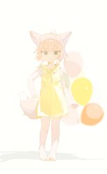 1girl absurdres ahoge alternate_costume animal_ears arknights balloon barefoot chinese_commentary commentary_request dress fox_ears fox_girl fox_tail full_body highres neko_blow pink_hair short_hair sleeveless sleeveless_dress solo sussurro_(arknights) tail toes yellow_dress
