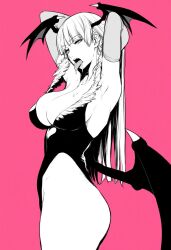 1girl aquaberrymarine breasts cleavage darkstalkers demon_wings greyscale head_wings highres leotard looking_at_viewer monochrome morrigan_aensland open_mouth pink_background solo strapless strapless_leotard wings