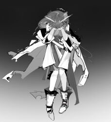 1girl absurdres arknights boots cape commentary crying english_commentary feather_hair greyscale hands_on_own_face highres i_sleepingnow id_card jacket looking_down medium_hair monochrome owl_ears rhine_lab_logo shirt silence_(arknights) silence_the_paradigmatic_(arknights) simple_background sobbing solo trembling