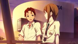 1boy 1girl aqua_eyes arm_support blue_necktie blue_pants breast_pocket breasts brown_hair bush chuo_tanegashima_high_school_uniform collared_shirt fukuda_tomonori game_cg green_eyes hair_between_eyes hair_tie highres id_card jaxa lanyard long_hair looking_at_another necktie non-web_source official_art open_collar open_mouth outdoors pants pocket red_eyes red_hair red_shirt robotics;notes school_uniform shiny_eyes shirt shirt_under_shirt short_sleeves shoulder_boards sitting small_breasts sunset tennouji_nae tennouji_nae_(robotics;notes) tongue twilight twintails white_shirt yashio_kaito